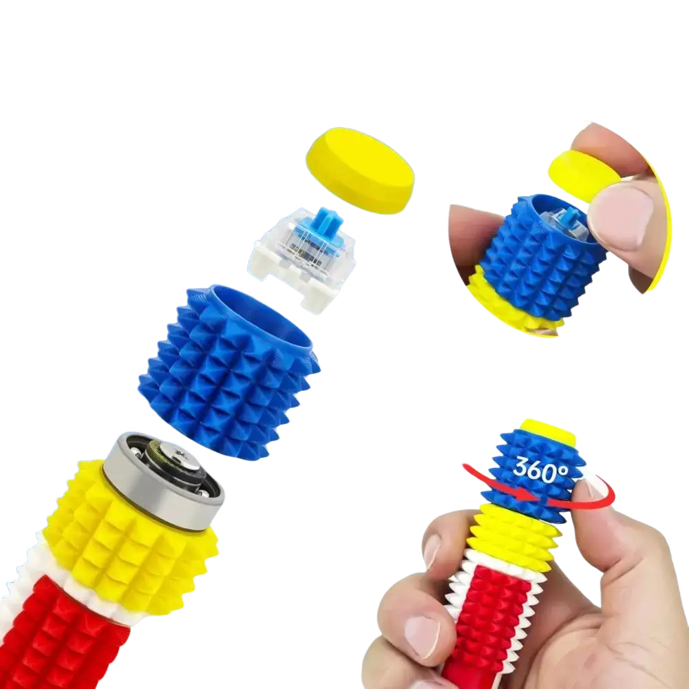 A vibrant yellow blue and red spiked fidget roller 5-in-1 stress relief fidget toy with spiky grip and detachable button clicker