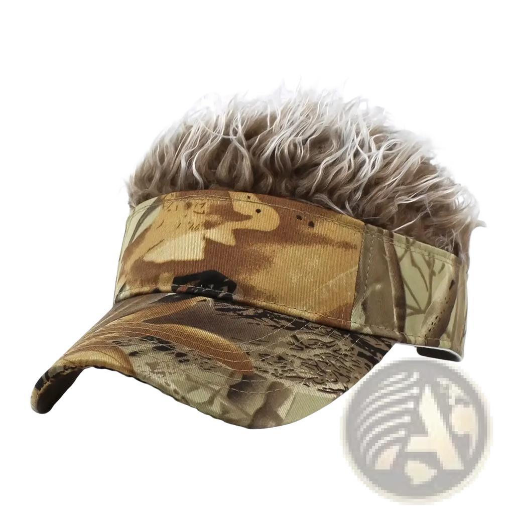 Spiked hair camouflage baseball cap with a fluffy light brown faux fur top and camouflage visor front view