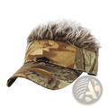 Spiked hair camouflage baseball cap with a fluffy light brown faux fur top and camouflage visor front view