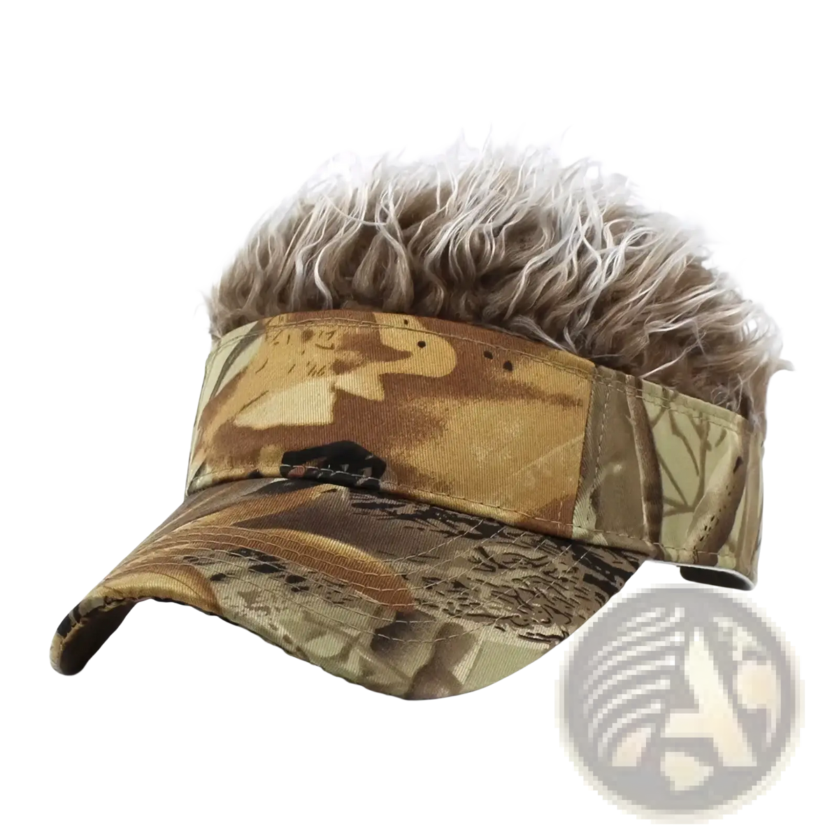 Spiked hair camouflage baseball cap with a fluffy light brown faux fur top and camouflage visor front view