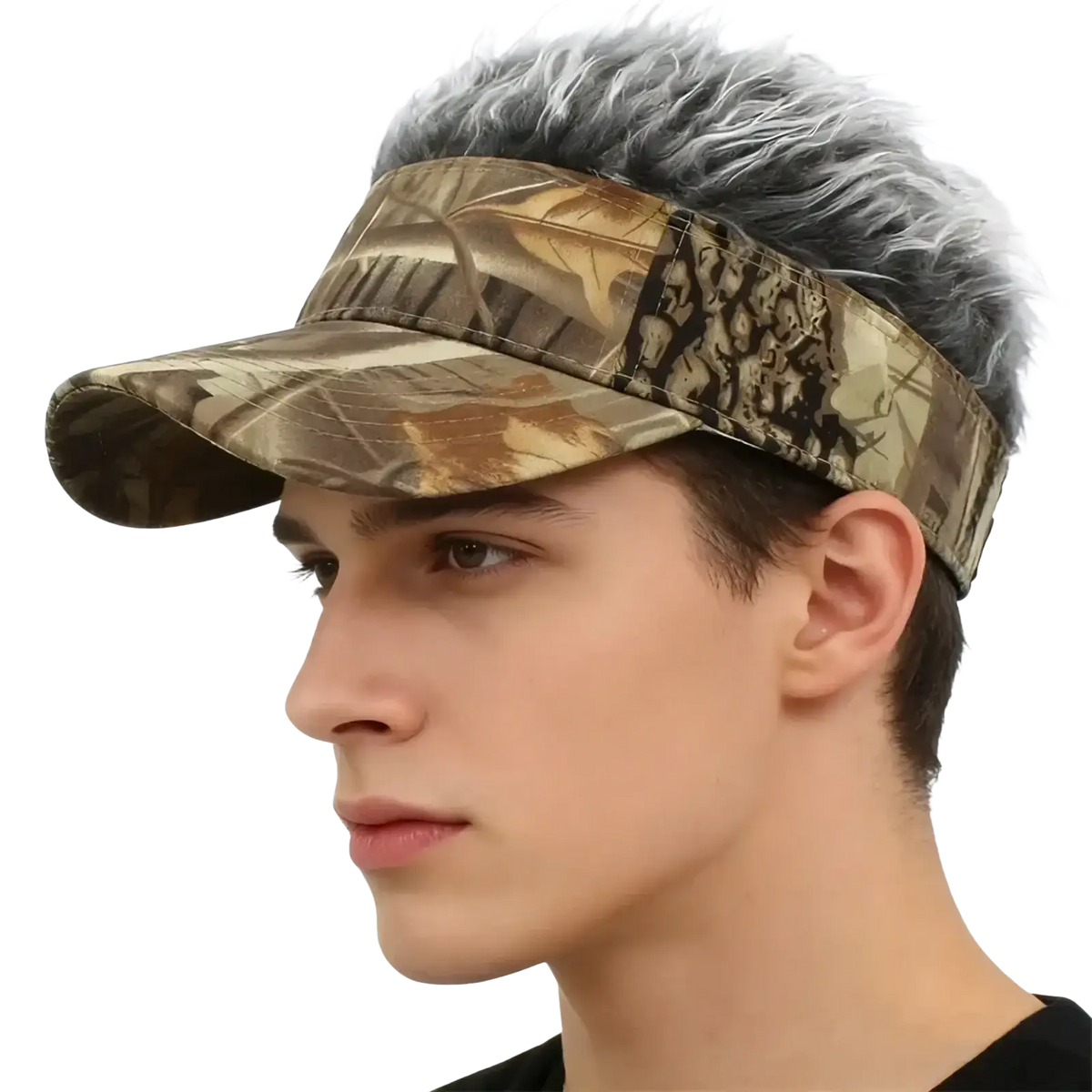 Spiked hair camouflage baseball cap featuring a visor with earthy brown, tan, and dark green camouflage pattern