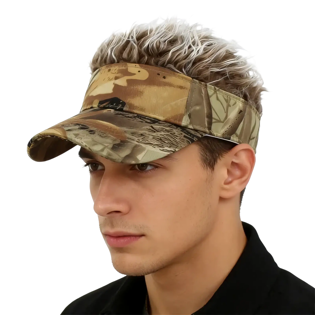 Spiked hair camouflage baseball cap visor with curved brim adjustable strap made of durable fabric shown from back side