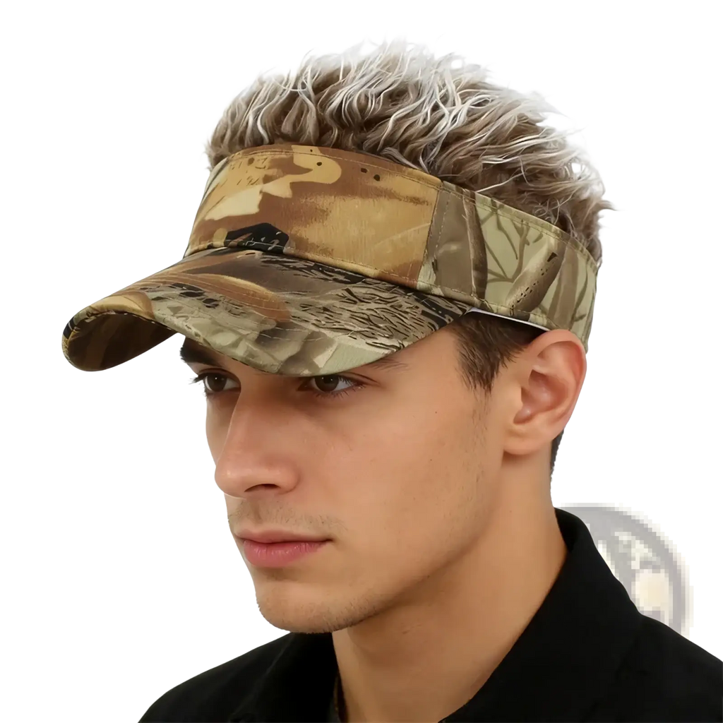 Spiked hair camouflage baseball cap visor with curved brim adjustable strap made of durable fabric shown from back side