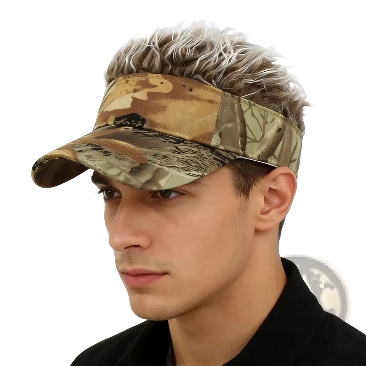 Spiked hair camouflage baseball cap visor with curved brim adjustable strap made of durable fabric shown from back side