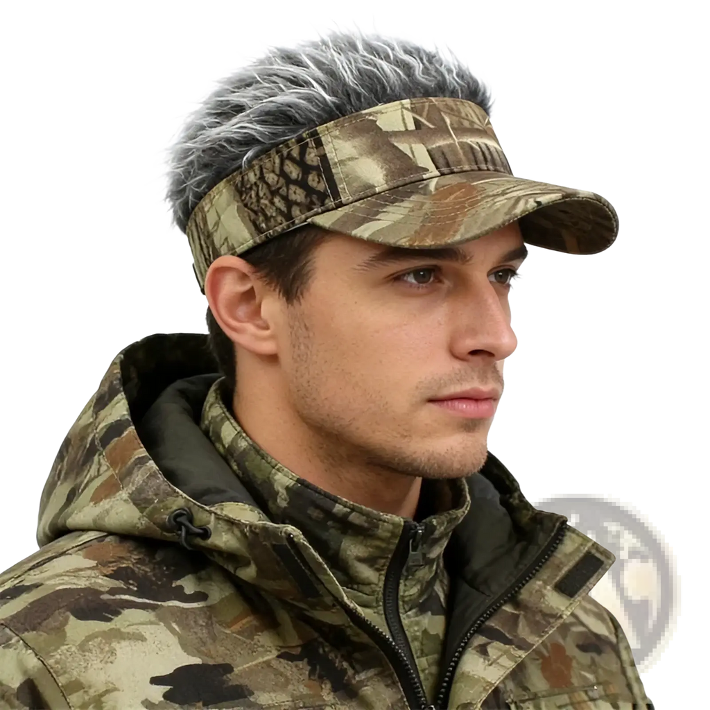 Spiked hair camouflage baseball cap with a camouflage visor and gray and white faux-fur trim