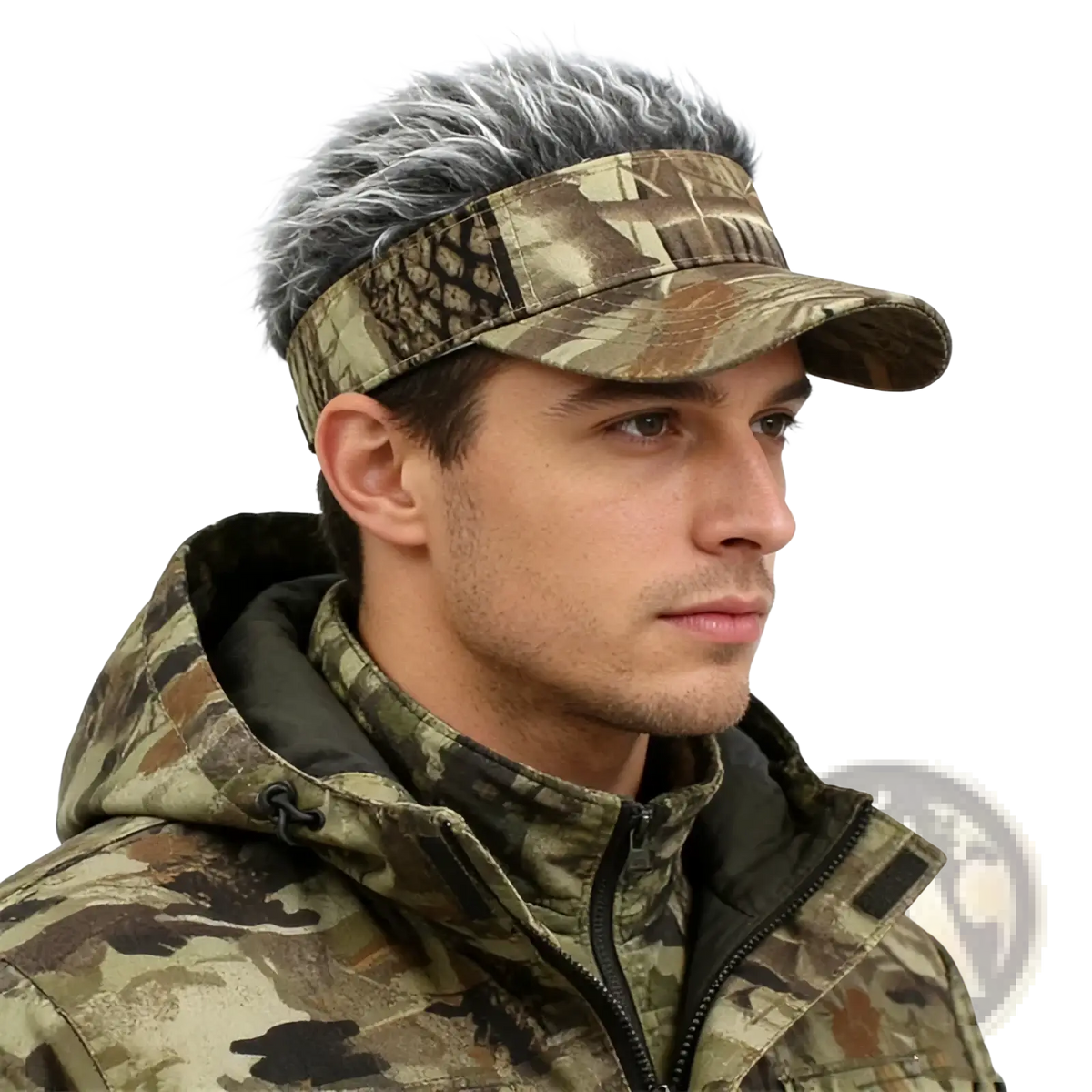 Spiked hair camouflage baseball cap with a camouflage visor and gray and white faux-fur trim