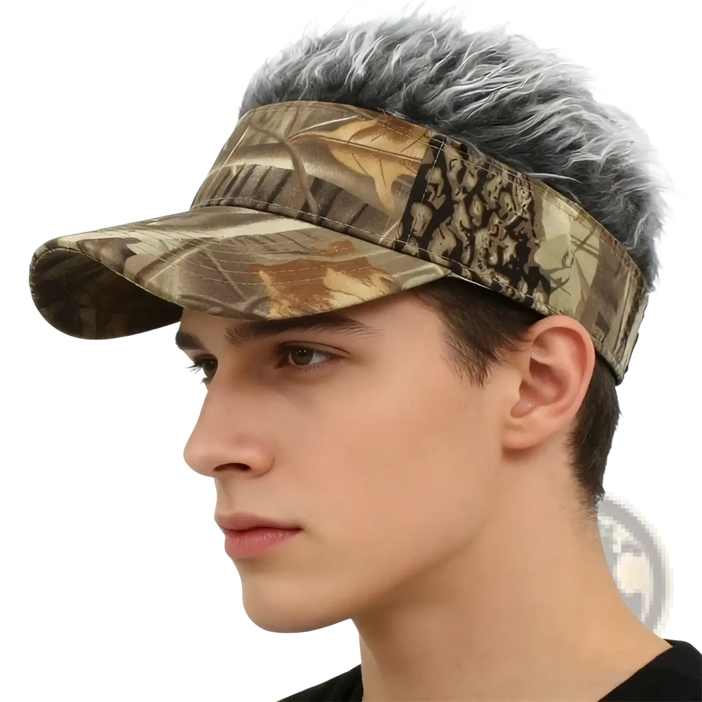 Spiked hair camouflage baseball cap with fabric visor featuring leaf and snake skin camouflage pattern