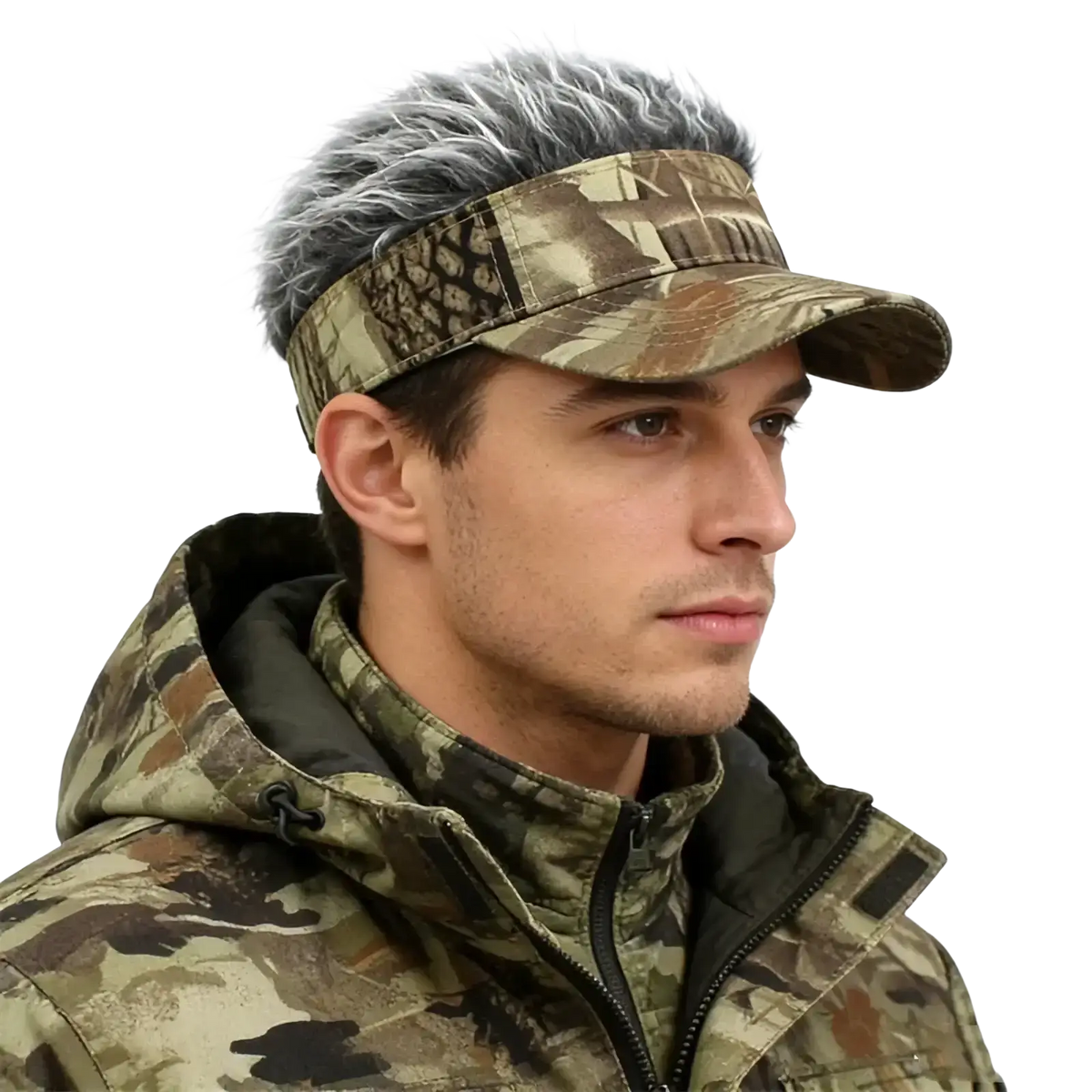 Spiked hair camouflage baseball cap with textured leafy design and slightly curved brim in green tones