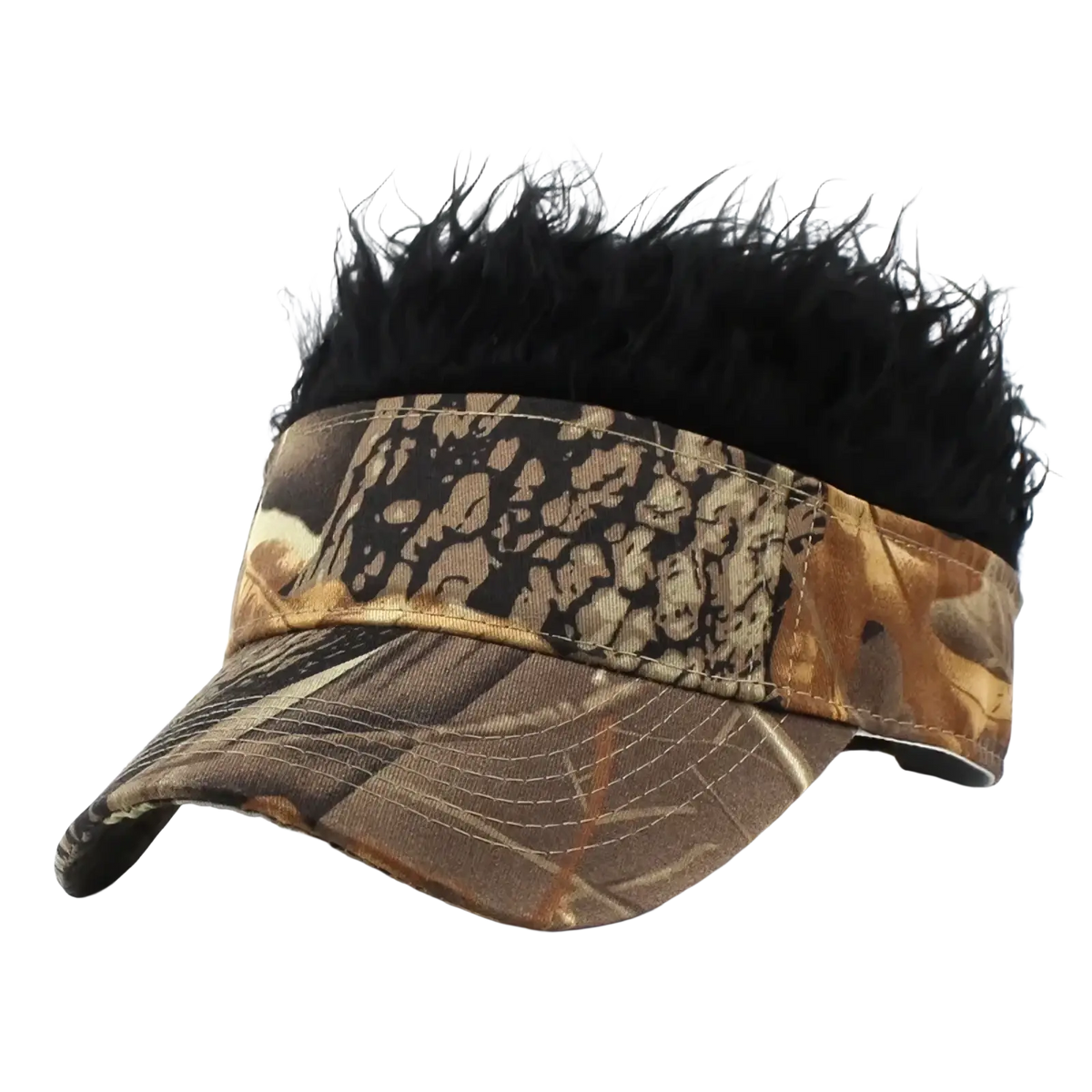 Spiked hair camouflage baseball cap with camouflage visor and black furry top shown from the back side