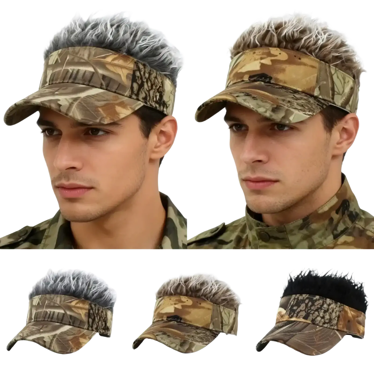 Spiked hair camouflage baseball cap with gray tan and black camouflage visor and faux-fur trim in gray tan and black