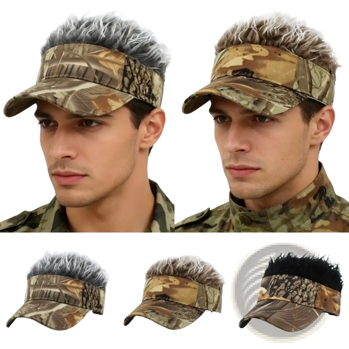 Spiked hair camouflage baseball cap with gray brown and black faux fur trimmed visor for stylish outdoor wear