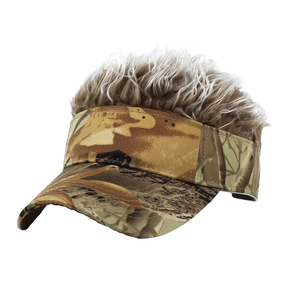Spiked hair camouflage baseball cap with a fluffy light brown faux fur top and camouflage visor front view