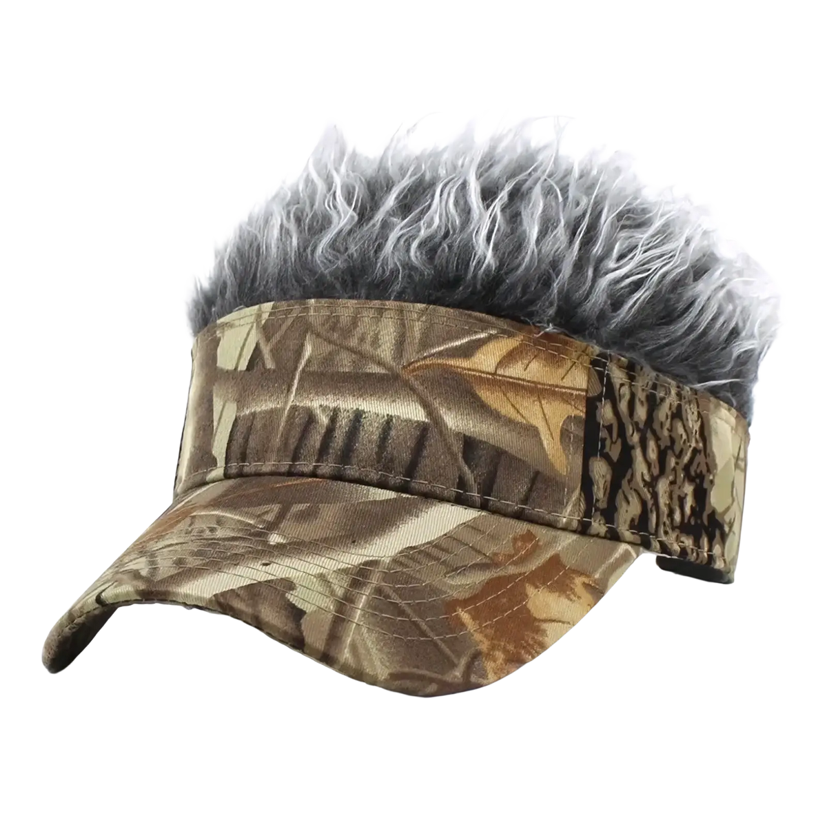 Spiked hair camouflage baseball cap with a gray fluffy faux fur trim and a camouflage visor
