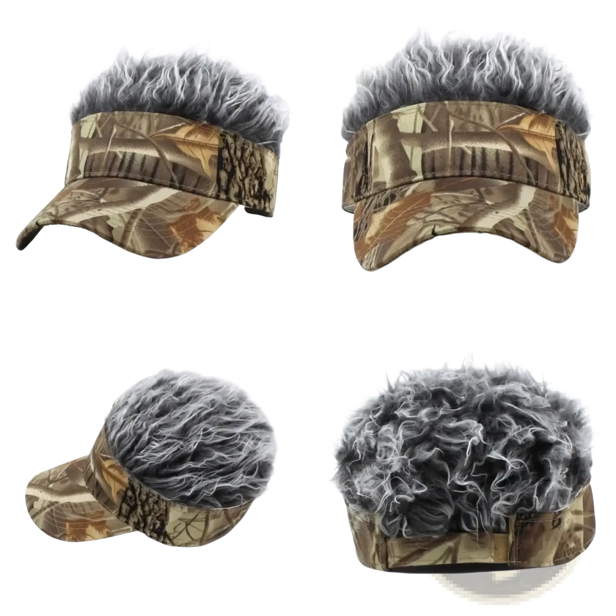 Spiked hair camouflage baseball cap with a fluffy gray faux fur top and camouflage visor