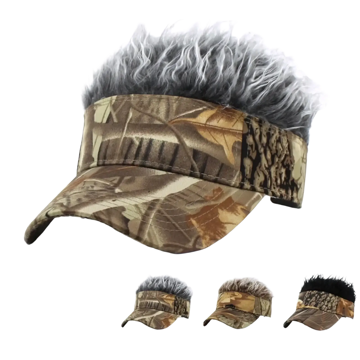 Spiked hair camouflage baseball cap with gray faux-fur pom-pom on top and camouflage visor