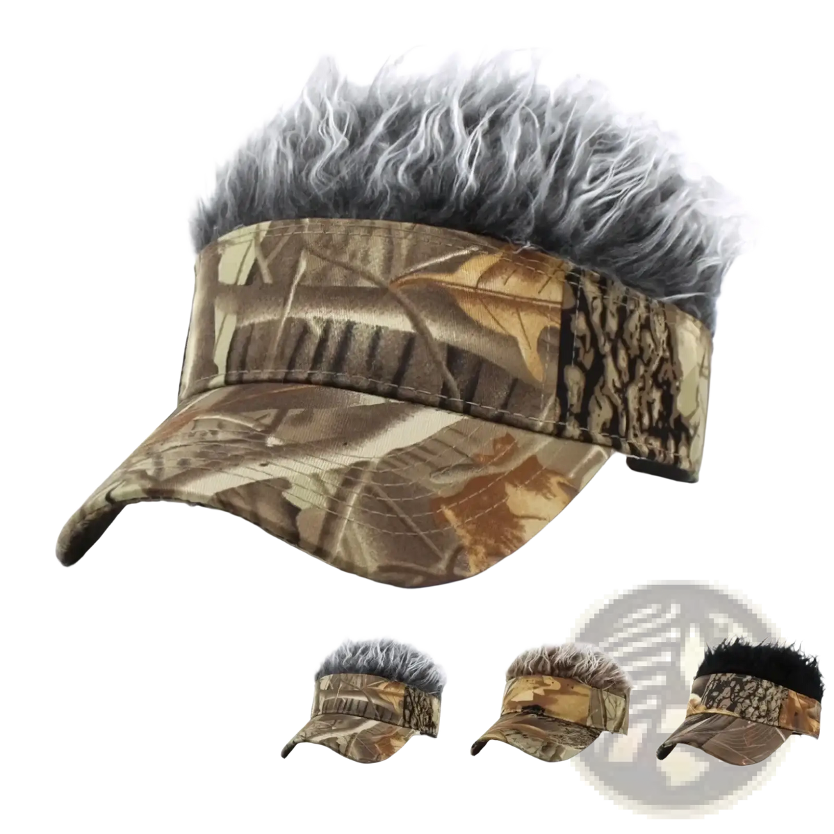 Spiked hair camouflage baseball cap with gray faux-fur pom-pom on top and camouflage visor