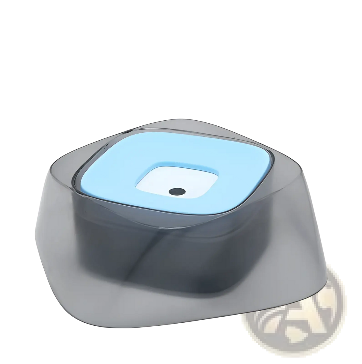 Transparent gray plastic no spill dog water bowl with light blue top and white center for splash free pet feeding