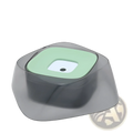 Transparent gray plastic no spill dog water bowl with light green top and white center splash free pet feeder