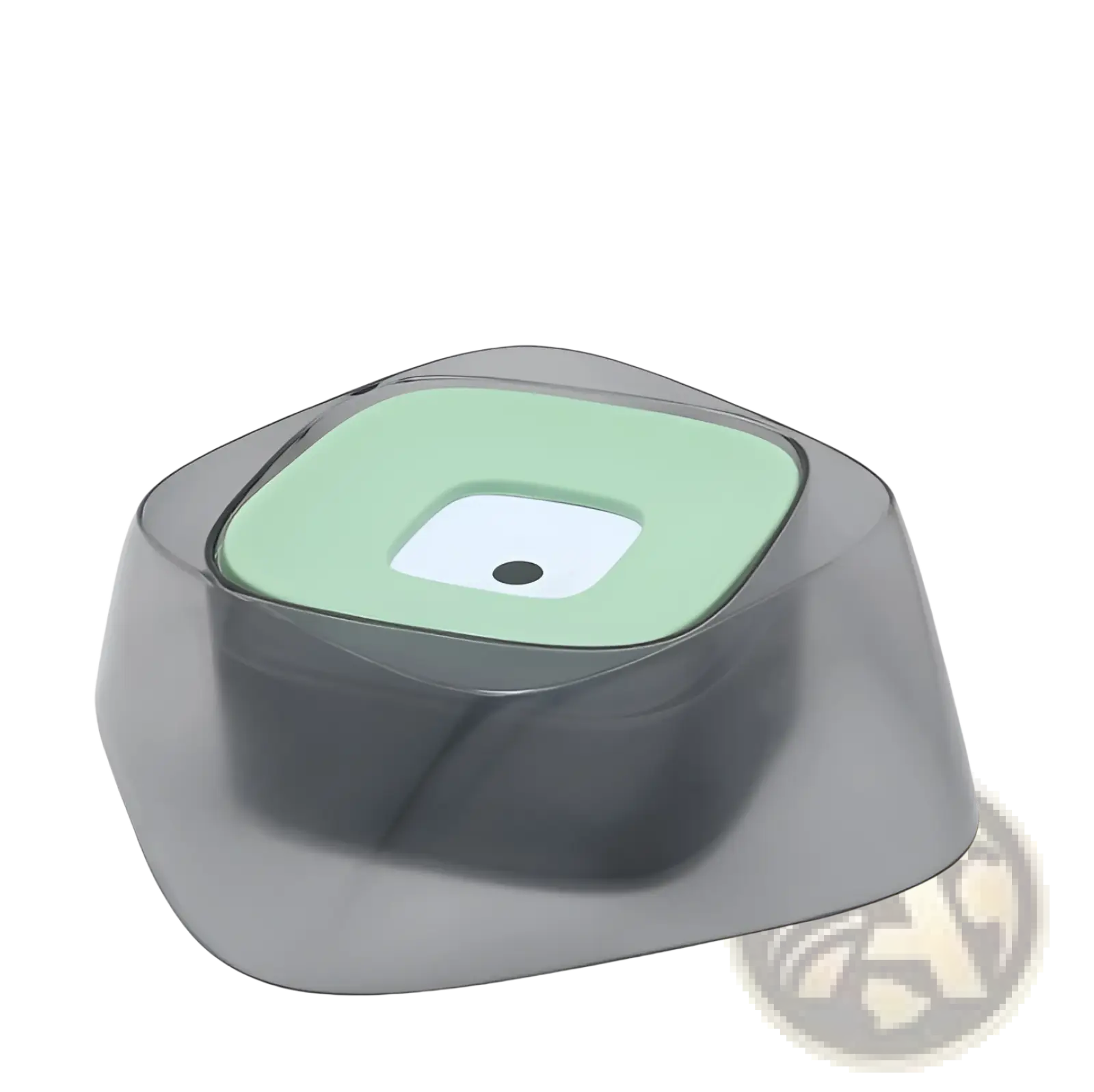 Transparent gray plastic no spill dog water bowl with light green top and white center splash free pet feeder
