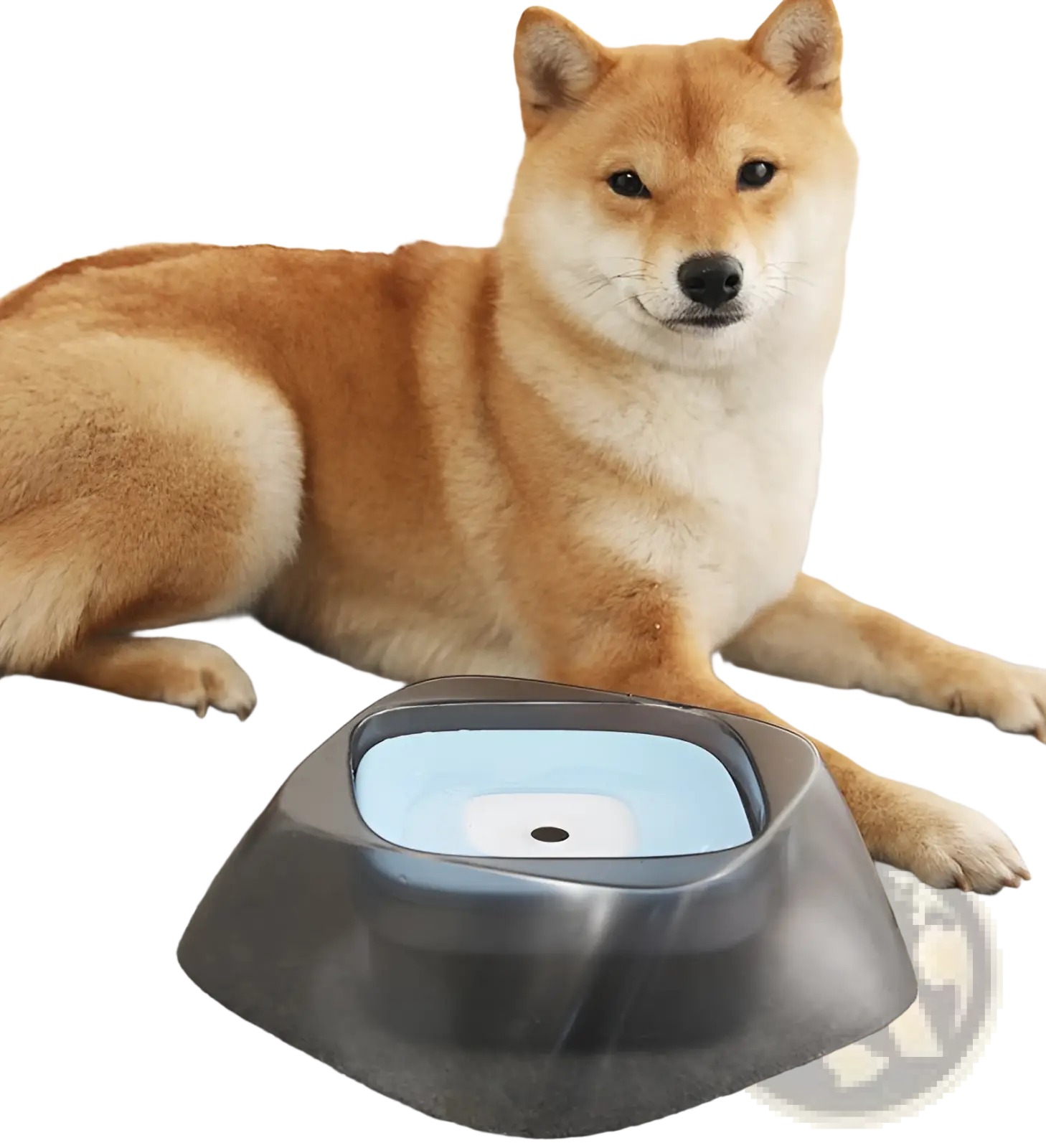 A sleek modern no spill dog water bowl with dark gray exterior and light blue interior for splash free feeding