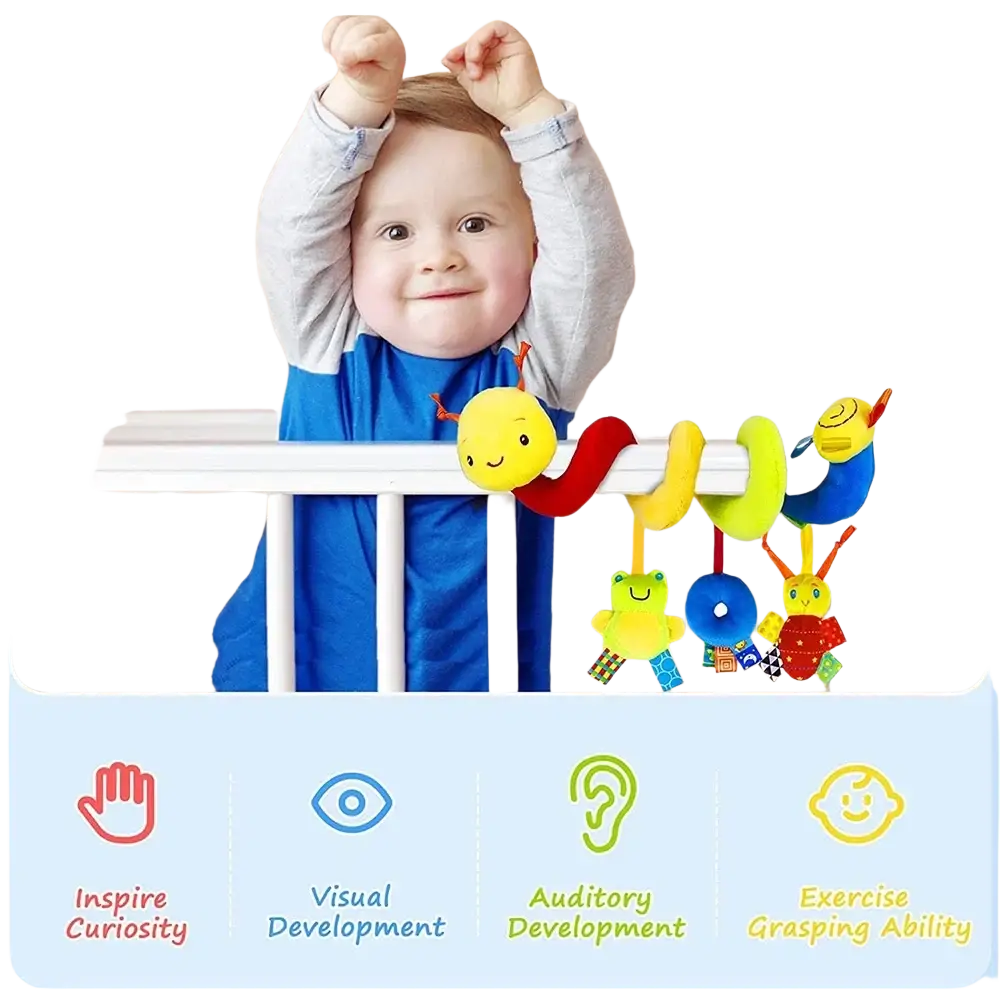Colorful plush spiral baby activity stroller toy with soft fabric segments and attached dangling toys for infants