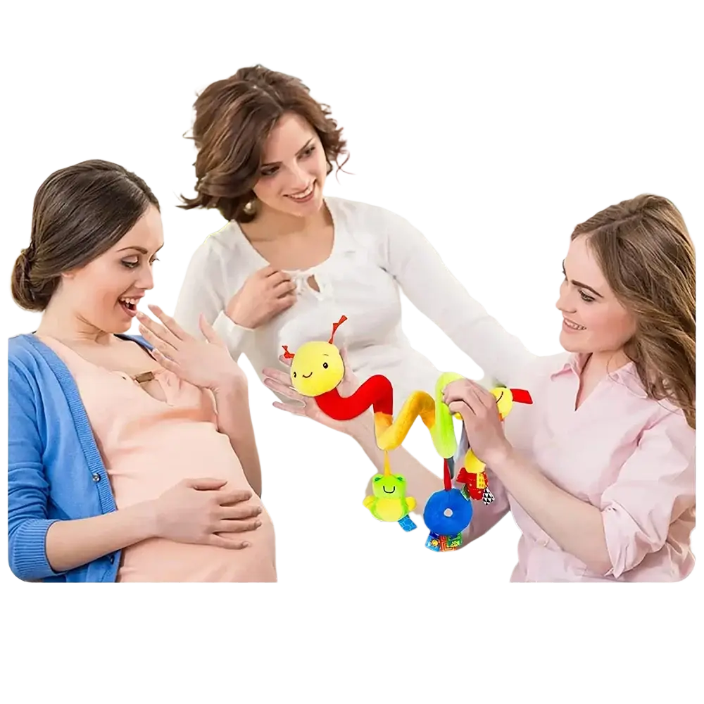 Spiral baby activity stroller toy featuring a colorful plush caterpillar with a smiling yellow head and segmented red green blue body
