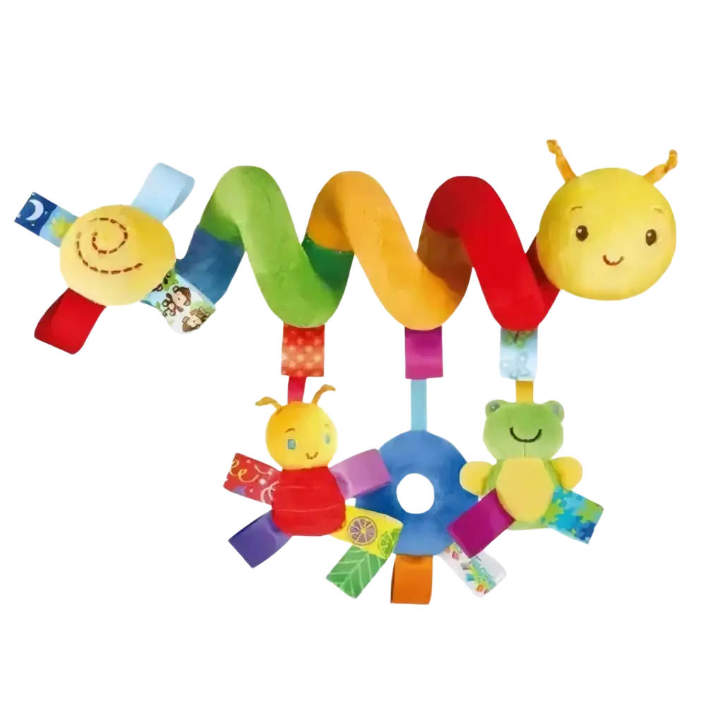 Colorful plush spiral baby activity stroller toy caterpillar with fabric tags for sensory development and play