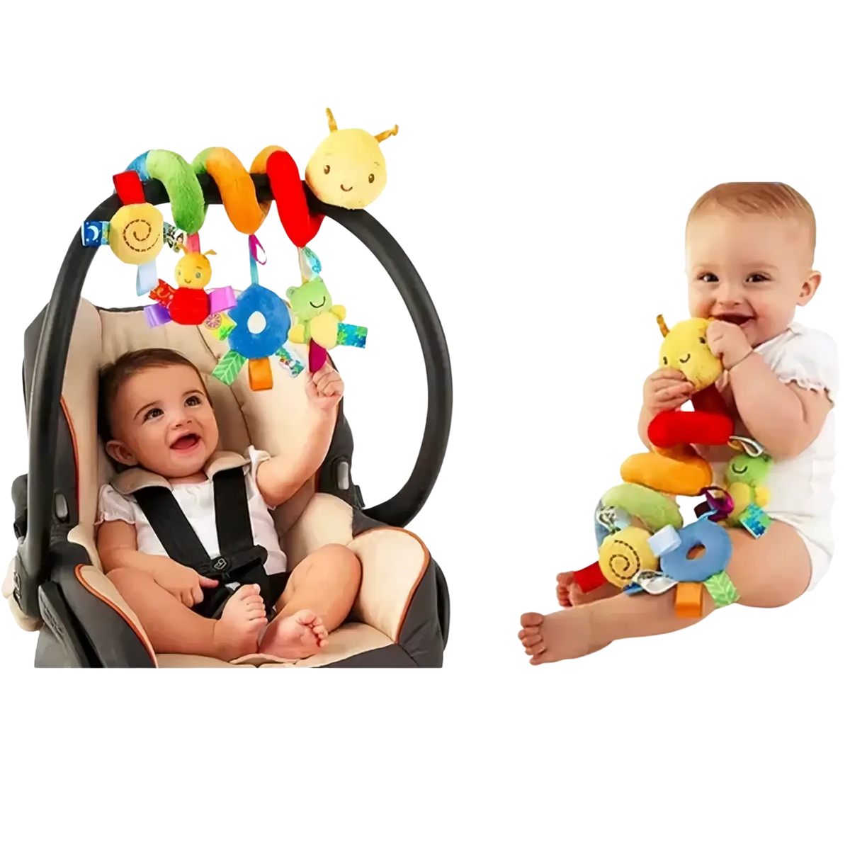 Colorful plush spiral baby activity stroller toy with soft fabric segments and attached dangling toys for infants