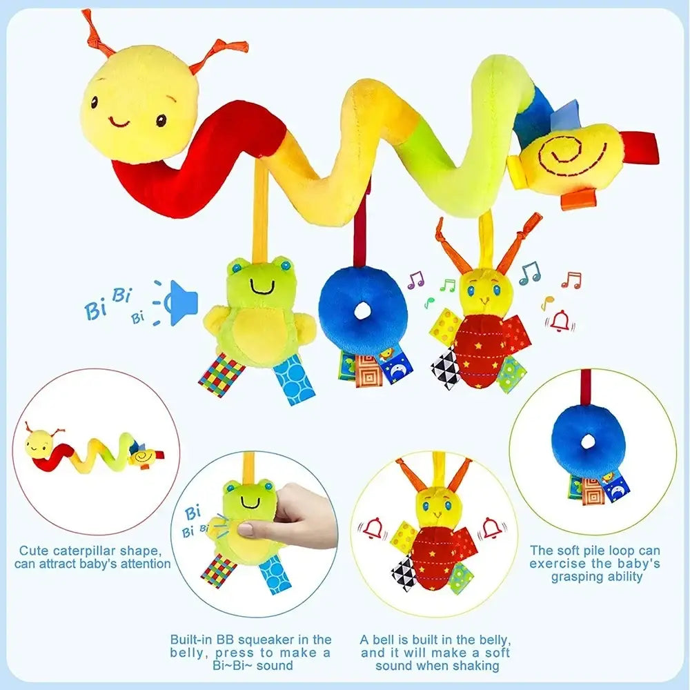 Colorful plush spiral baby activity stroller toy with segmented rainbow body and smiling faces at each end