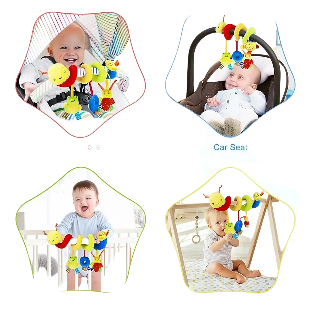 Colorful plush caterpillar spiral baby activity stroller toy with soft fabric and dangling beads for infant play