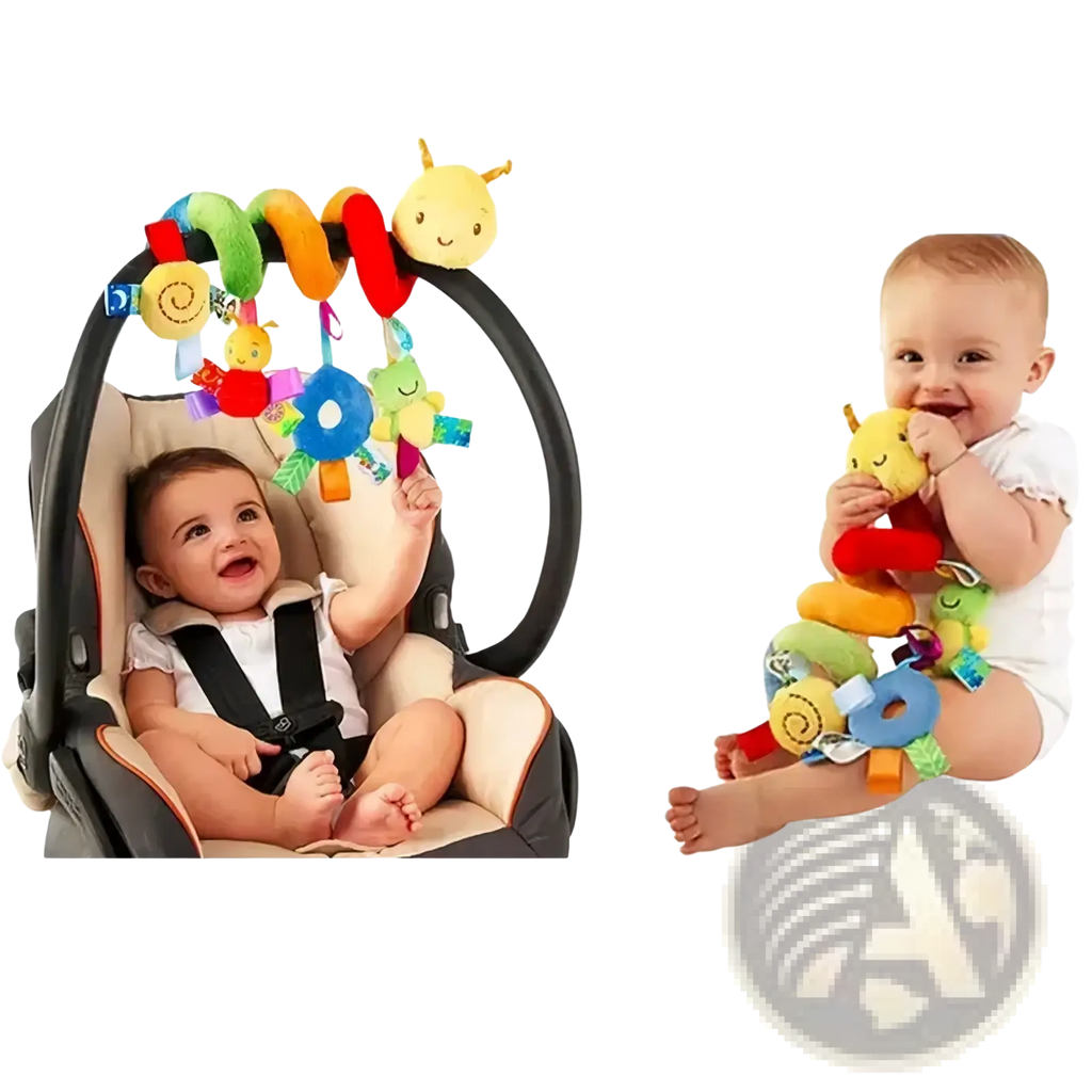 Colorful plush spiral baby activity stroller toy with soft fabric segments and attached dangling toys for infants
