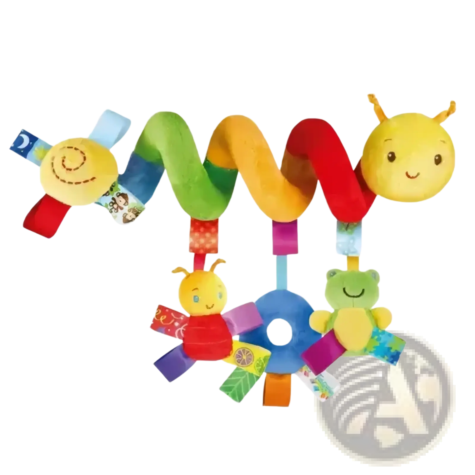 Colorful plush spiral baby activity stroller toy caterpillar with fabric tags for sensory development and play