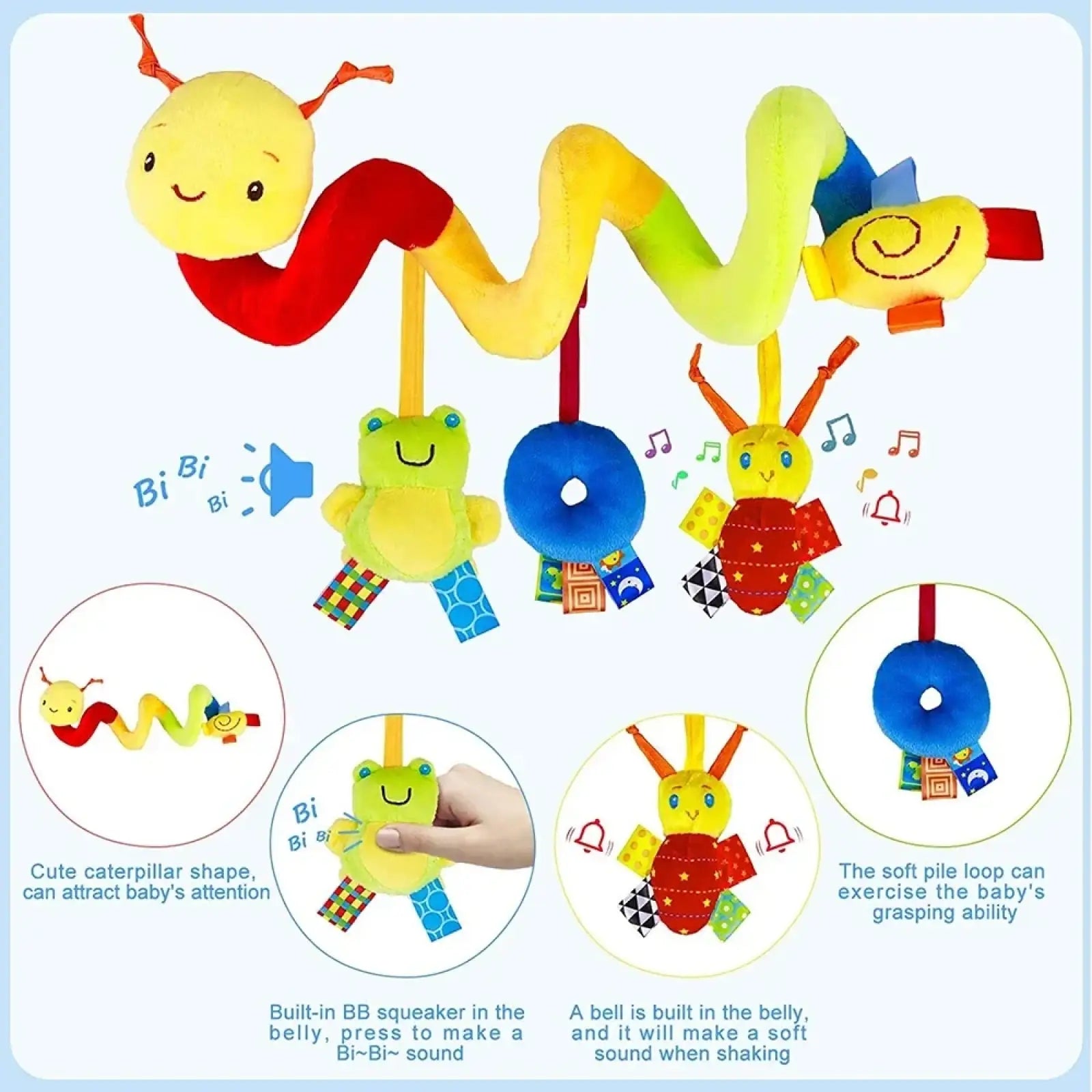 Colorful plush spiral baby activity stroller toy with segmented rainbow body and smiling faces at each end