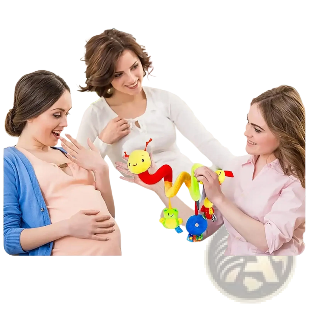 Spiral baby activity stroller toy featuring a colorful plush caterpillar with a smiling yellow head and segmented red green blue body