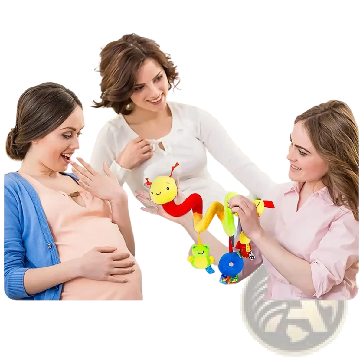 Spiral baby activity stroller toy featuring a colorful plush caterpillar with a smiling yellow head and segmented red green blue body