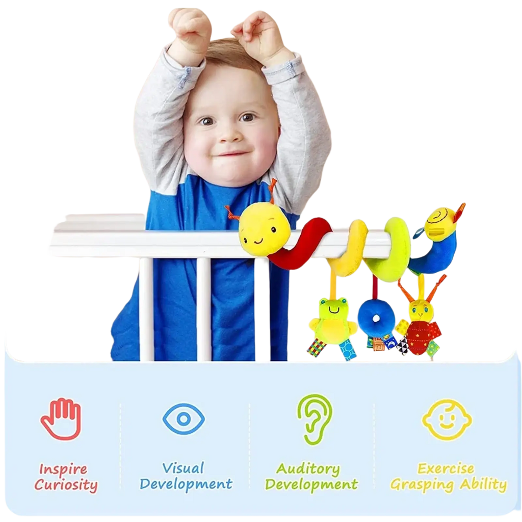 Colorful plush spiral baby activity stroller toy with soft fabric segments and attached dangling toys for infants