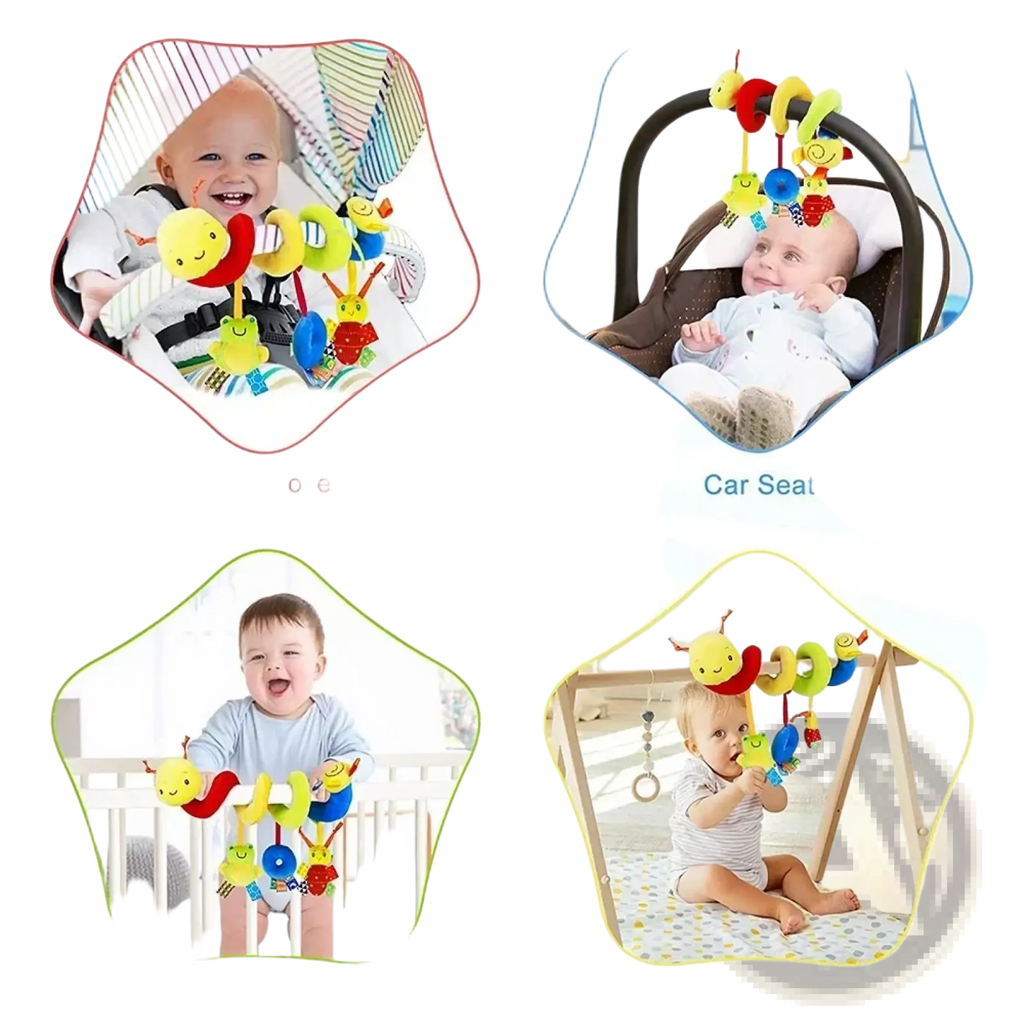 Colorful plush caterpillar spiral baby activity stroller toy with soft fabric and dangling beads for infant play