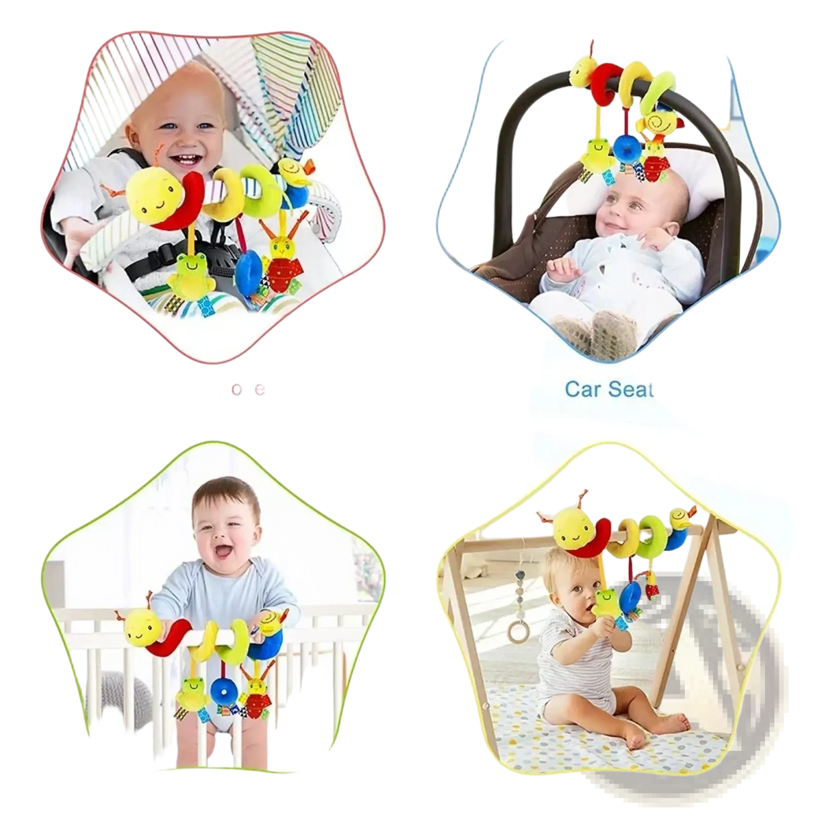 Colorful plush caterpillar spiral baby activity stroller toy with soft fabric and dangling beads for infant play