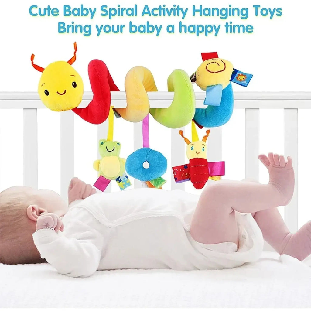 Spiral baby activity stroller toy with colorful plush creatures and soft fabric designed for infant entertainment