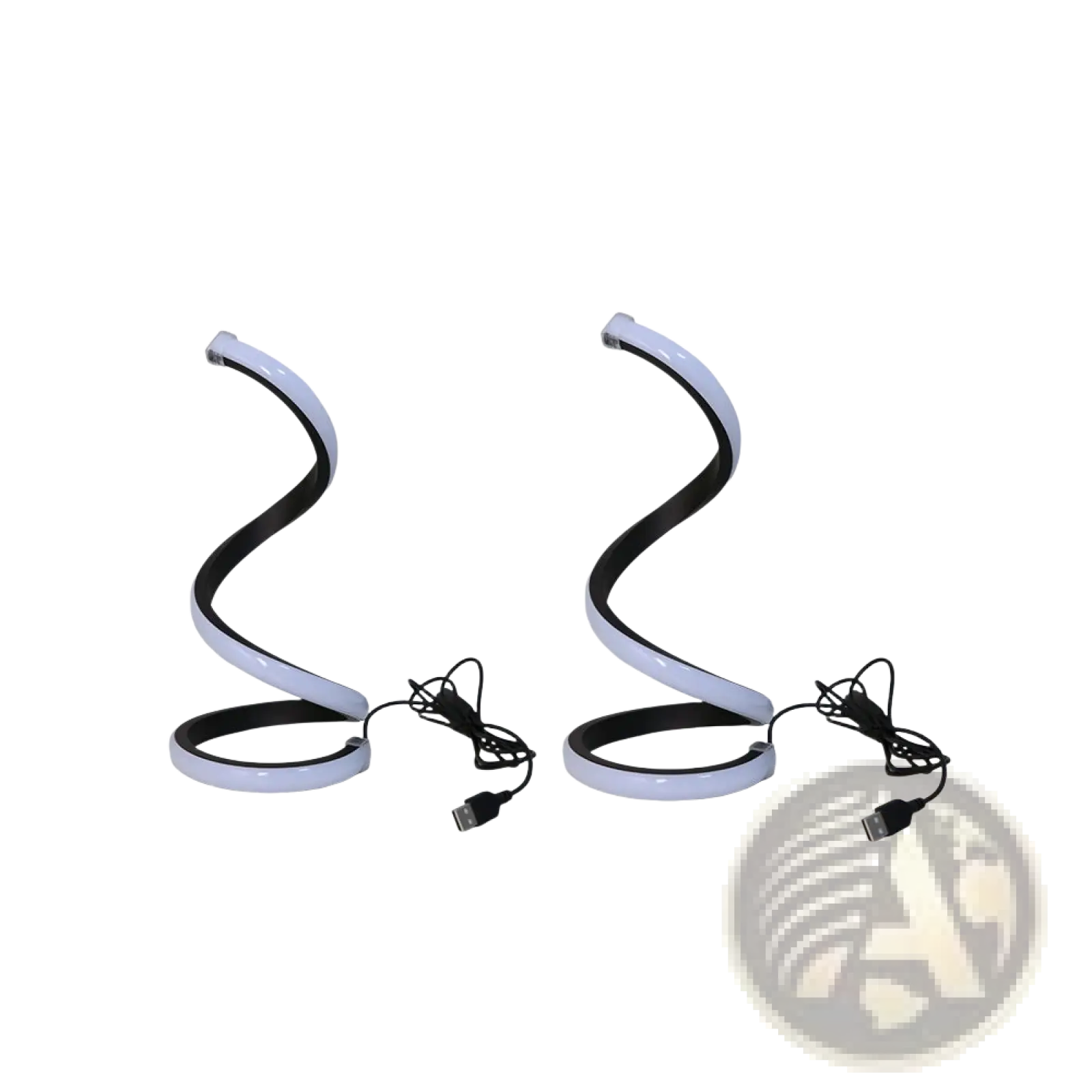 Two sleek usb-powered spiral led desk lamps in black and white with modern twisted design and 3 color dimming features