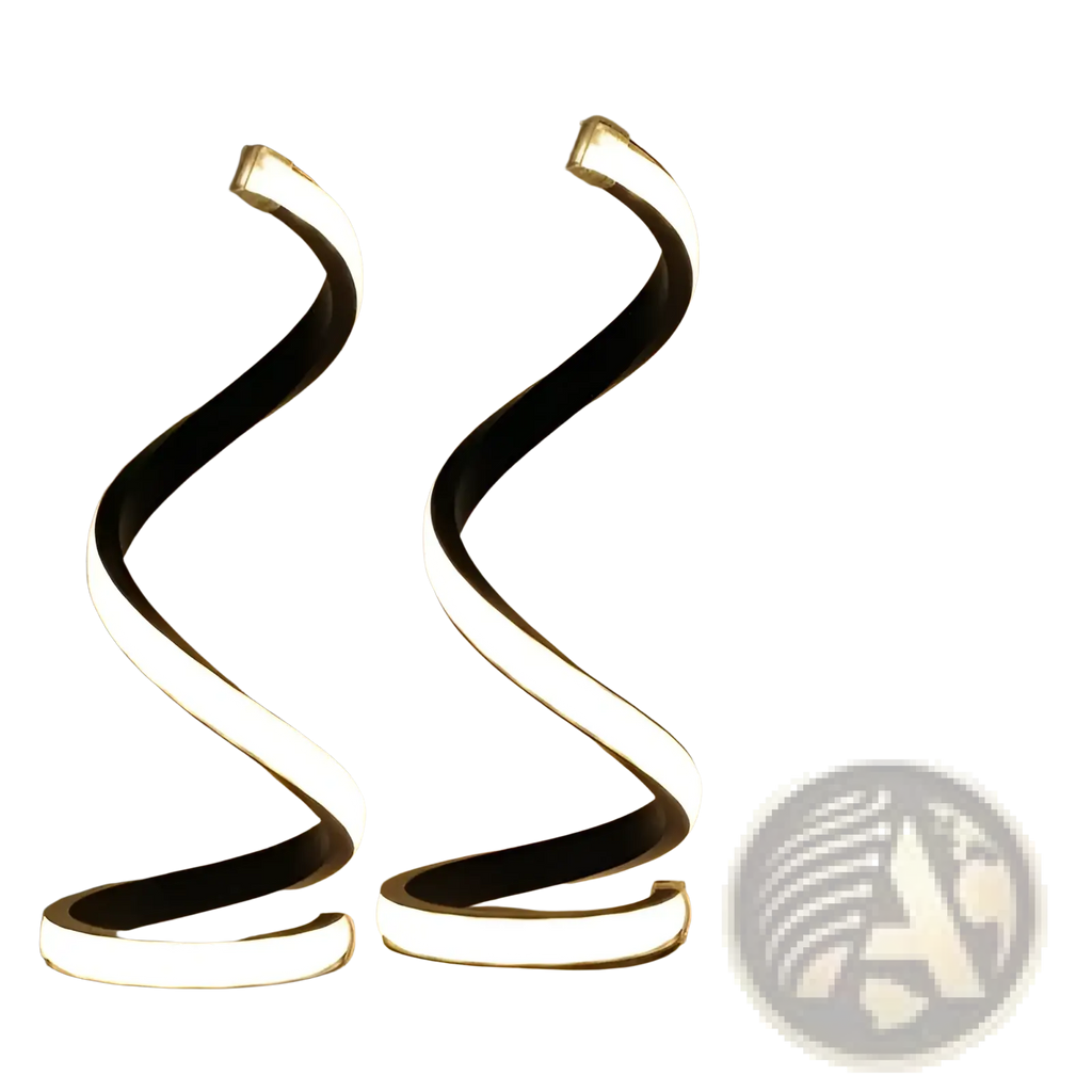 Two sleek black and white spiral LED desk lamps with 3 color dimming and USB powered 2 pack set