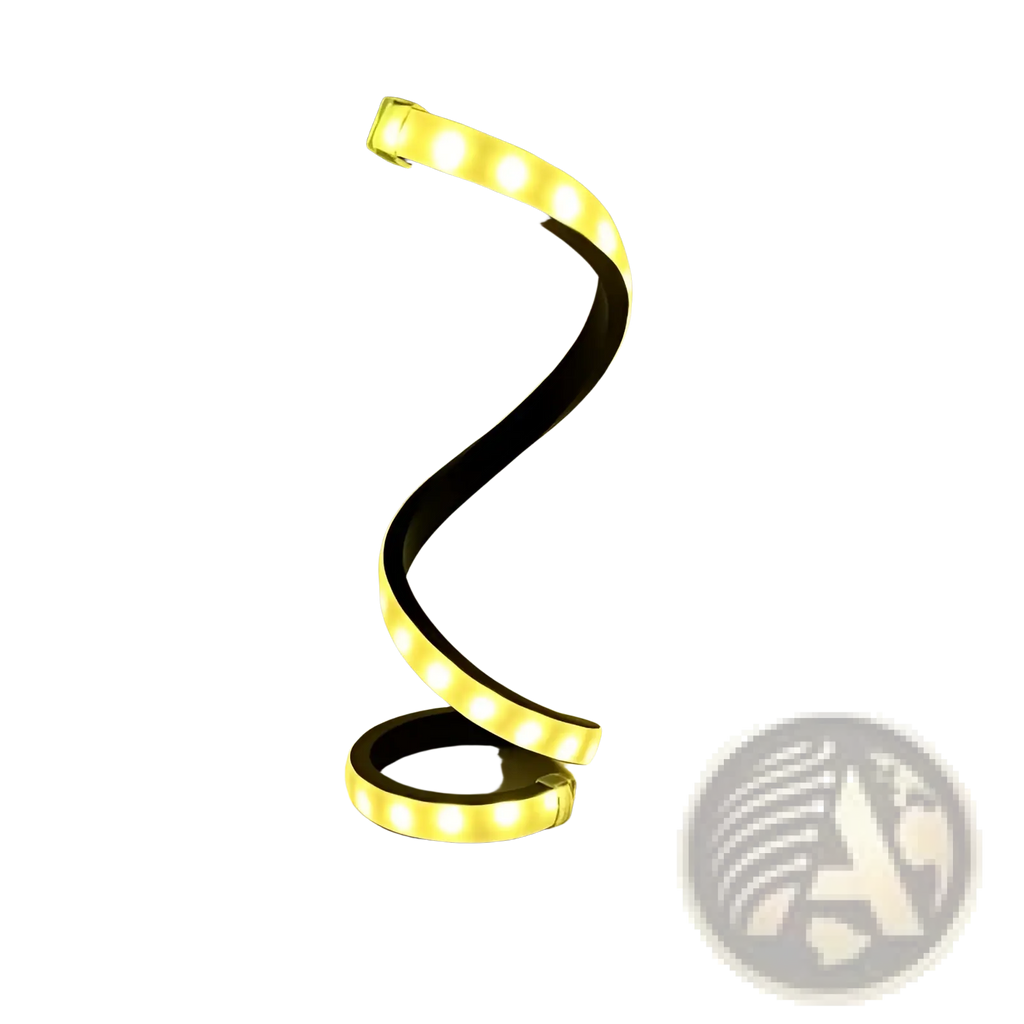 Spiral led desk lamp with sleek curved black and white design emits warm yellow light with usb powered dimming