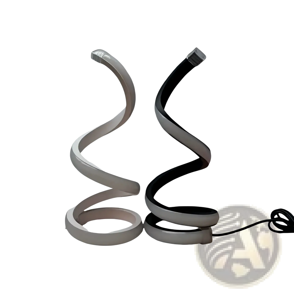 Two sleek spiral led desk lamps in silver and black with 3 color dimming and usb powered modern design