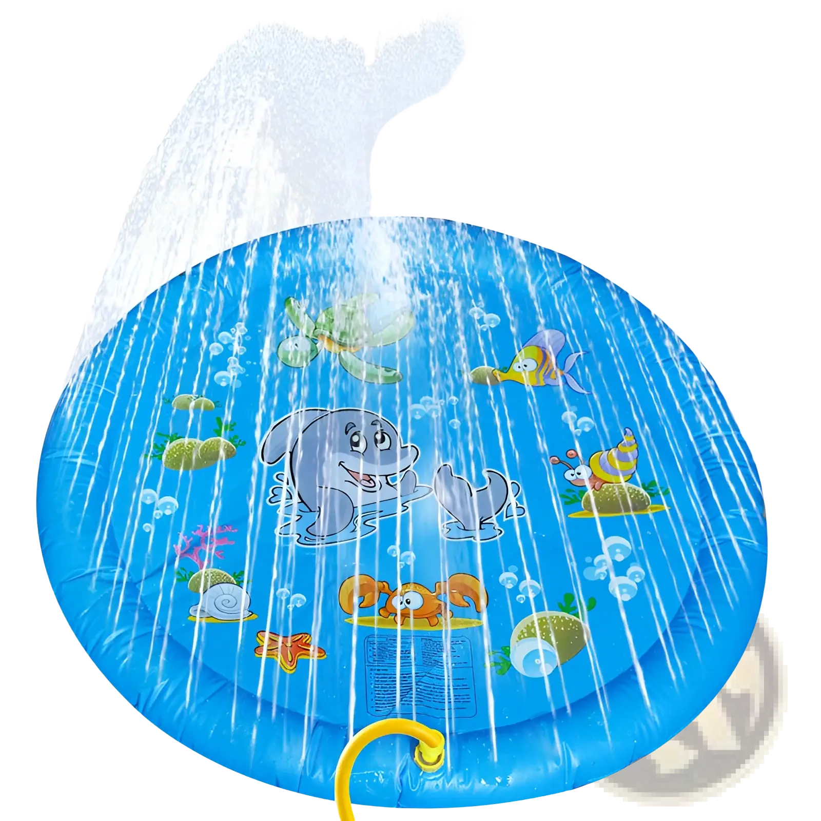 Blue non-slip inflatable splash pad with cartoon ocean animals and yellow hose attachment for dog sprinkler use