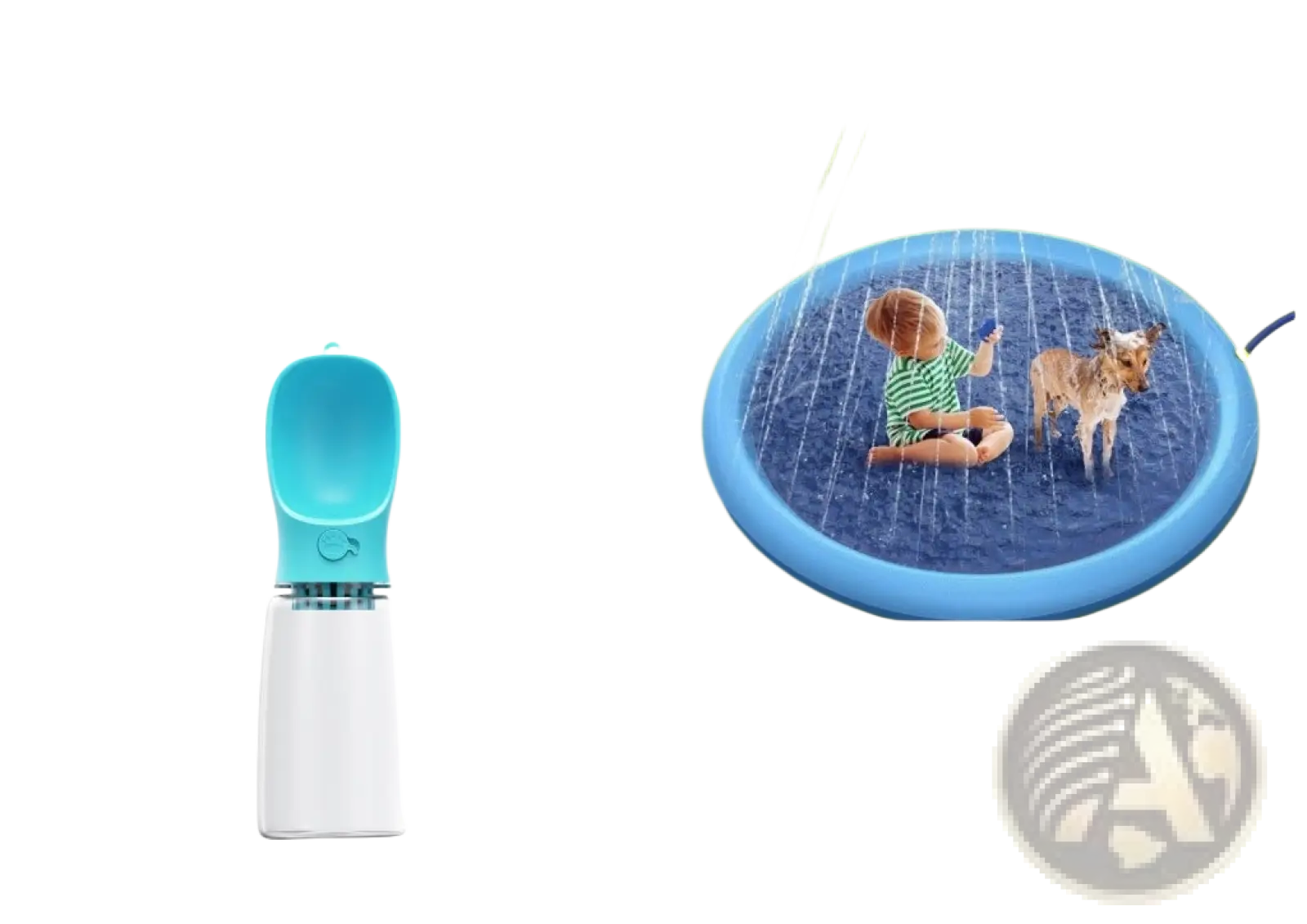 Turquoise and white pet water bottle with filter shown with splash pad non-slip inflatable dog sprinkler mat