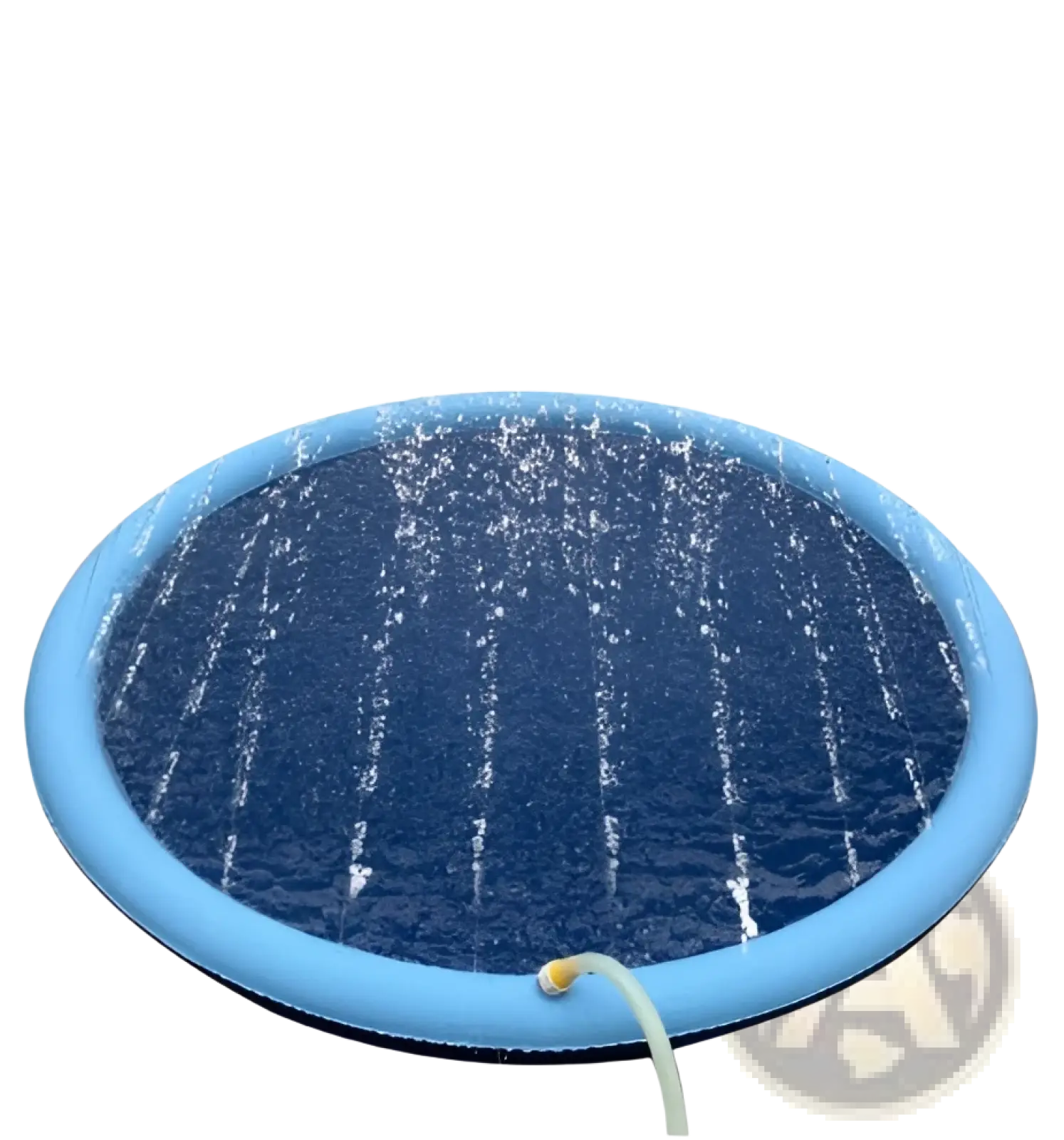 Blue inflatable non-slip splash pad with water jets and white hose attachment for dog sprinkler mat use