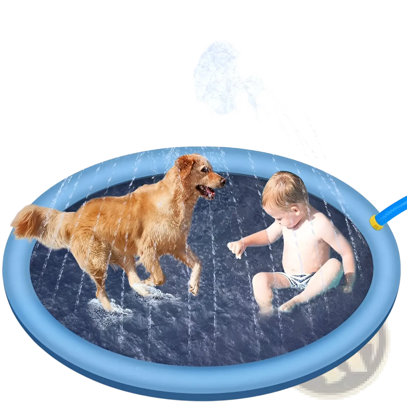 Blue inflatable non-slip splash pad with water jets spraying over golden retriever and child for outdoor fun