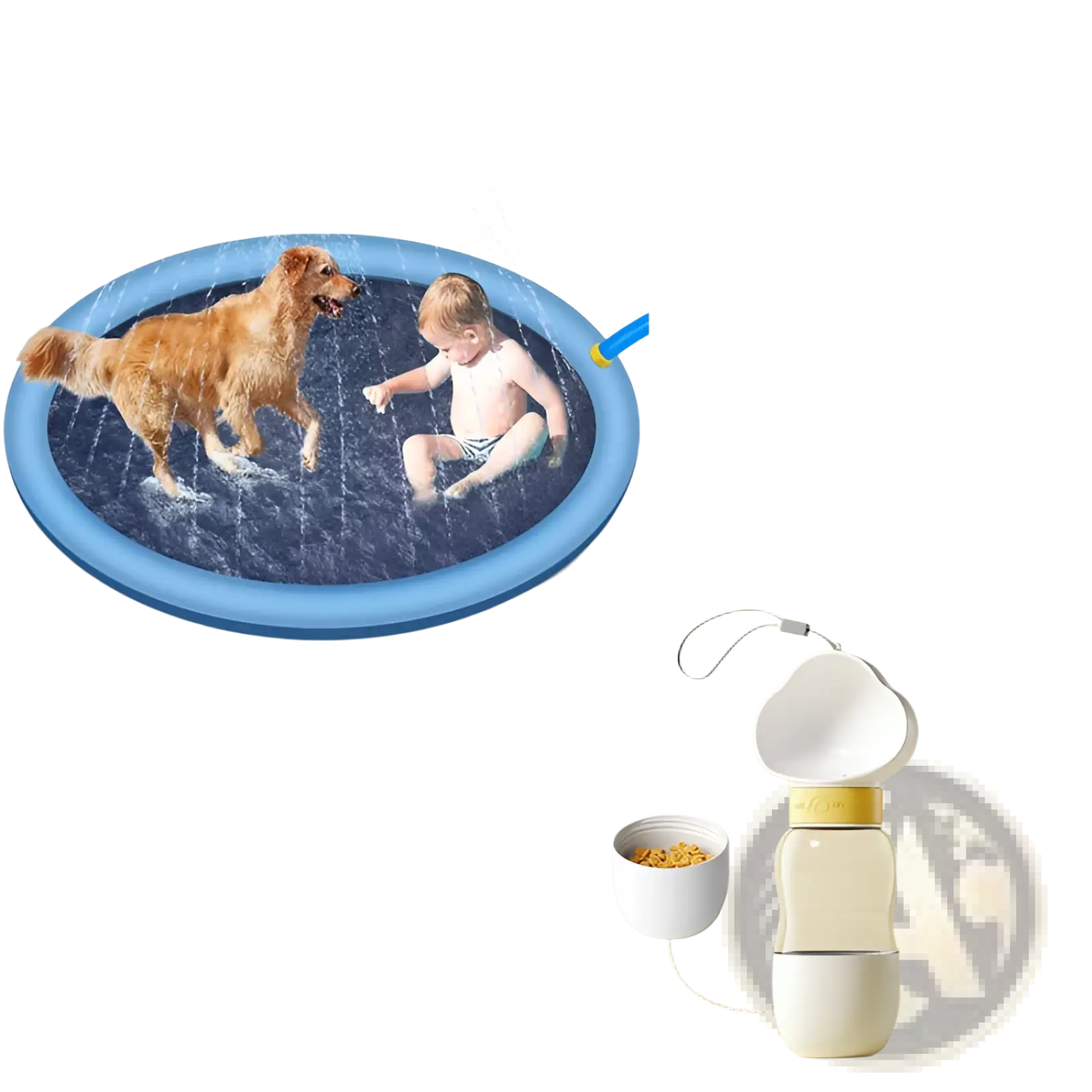 Blue inflatable non-slip pet sprinkler mat with hose attachment featuring golden retriever and child playing in water
