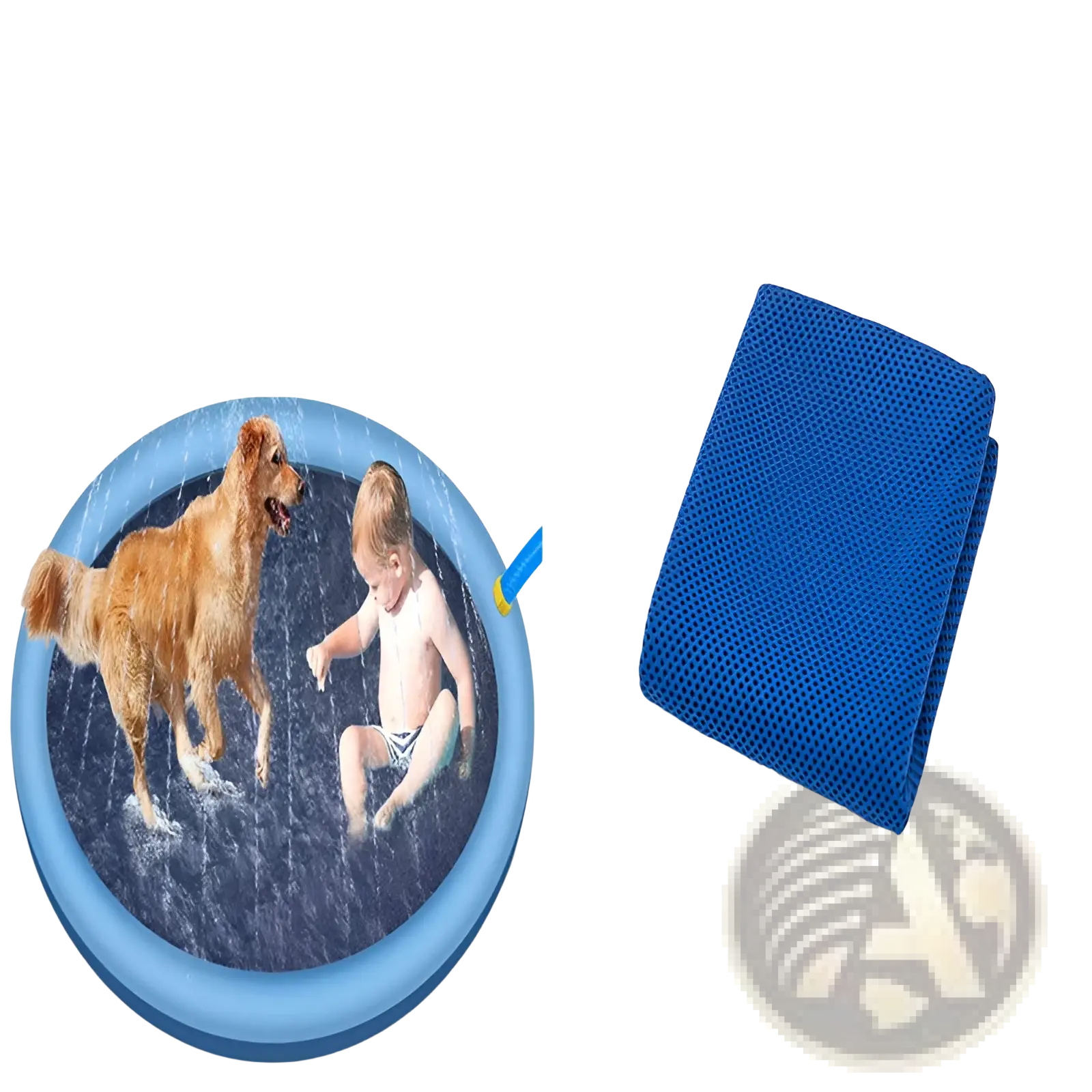 Blue mesh cooling towel featured with splash pad non-slip inflatable dog sprinkler mat for pet cooling use