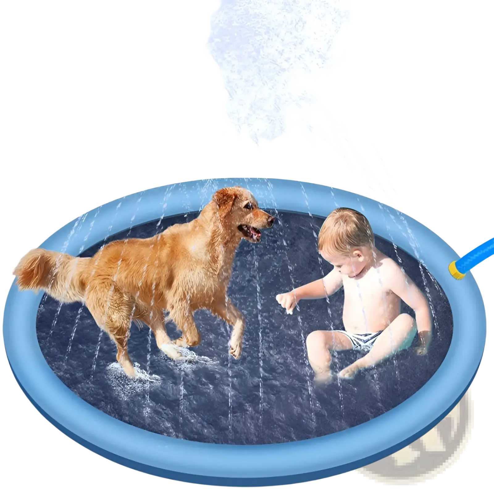 Blue non-slip inflatable splash pad with water jets made of durable material for pets and children to cool off